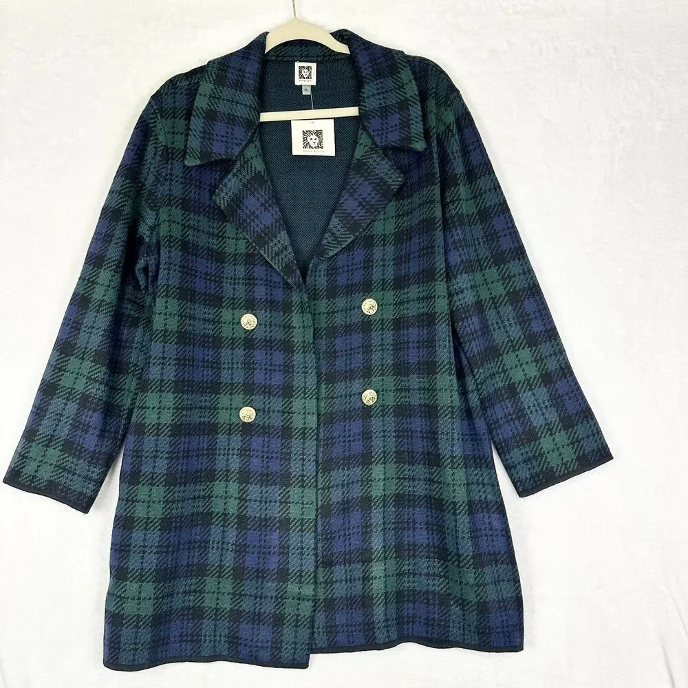 Anne Klein Tartan Plaid Sweater Blazer Cardigan Size Large NWT Open Front